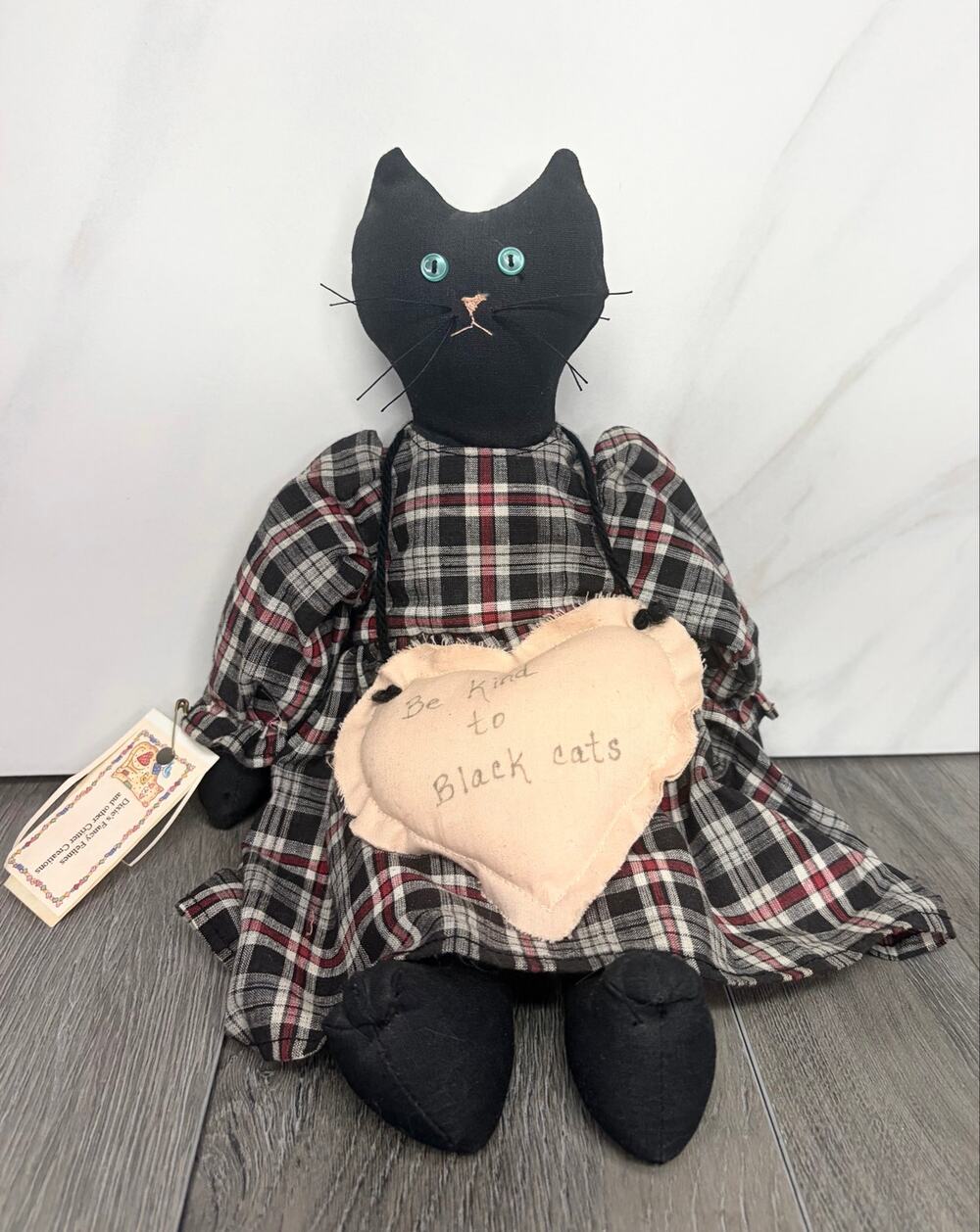 Dixie’s Fancy Felines Handmade Black Cat Cloth Doll with Be Kind To Black Cats